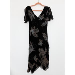 Y2K Eva Blue Beaded Mesh Floral Asymmetrical Midi Dress Black Size 12 Whimsigoth